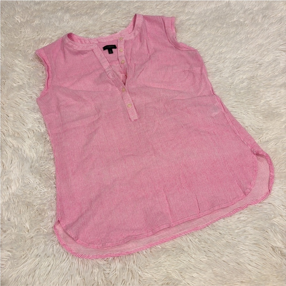 Talbots Linen Tank Top Pink white sleeveless tunic blouse v neck Size Small